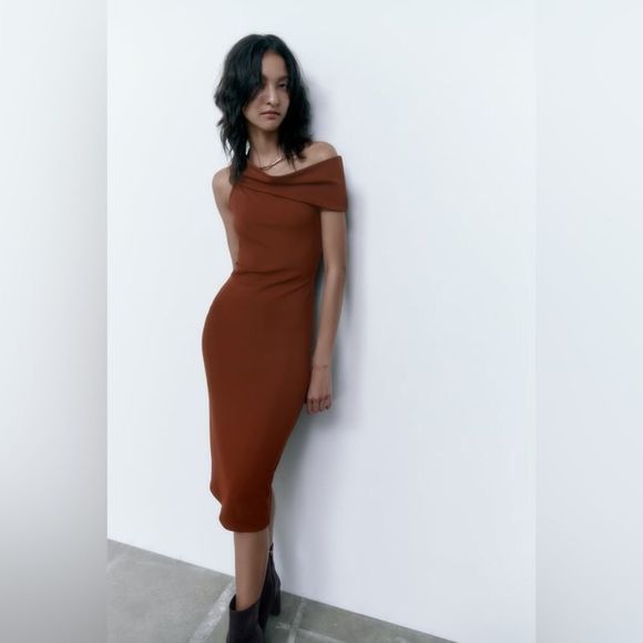 ZARA ASYMMETRIC NECKLINE DRESS - Picture 1 of 9